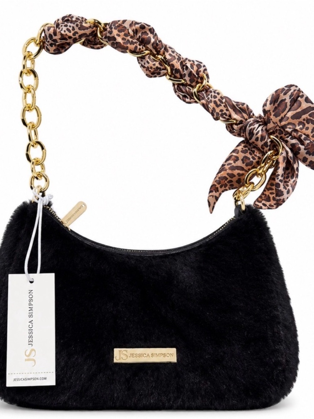 Jessica Simpson Black Faux Fur Shoulder Bag with Leopard Scarf-Trim Chain